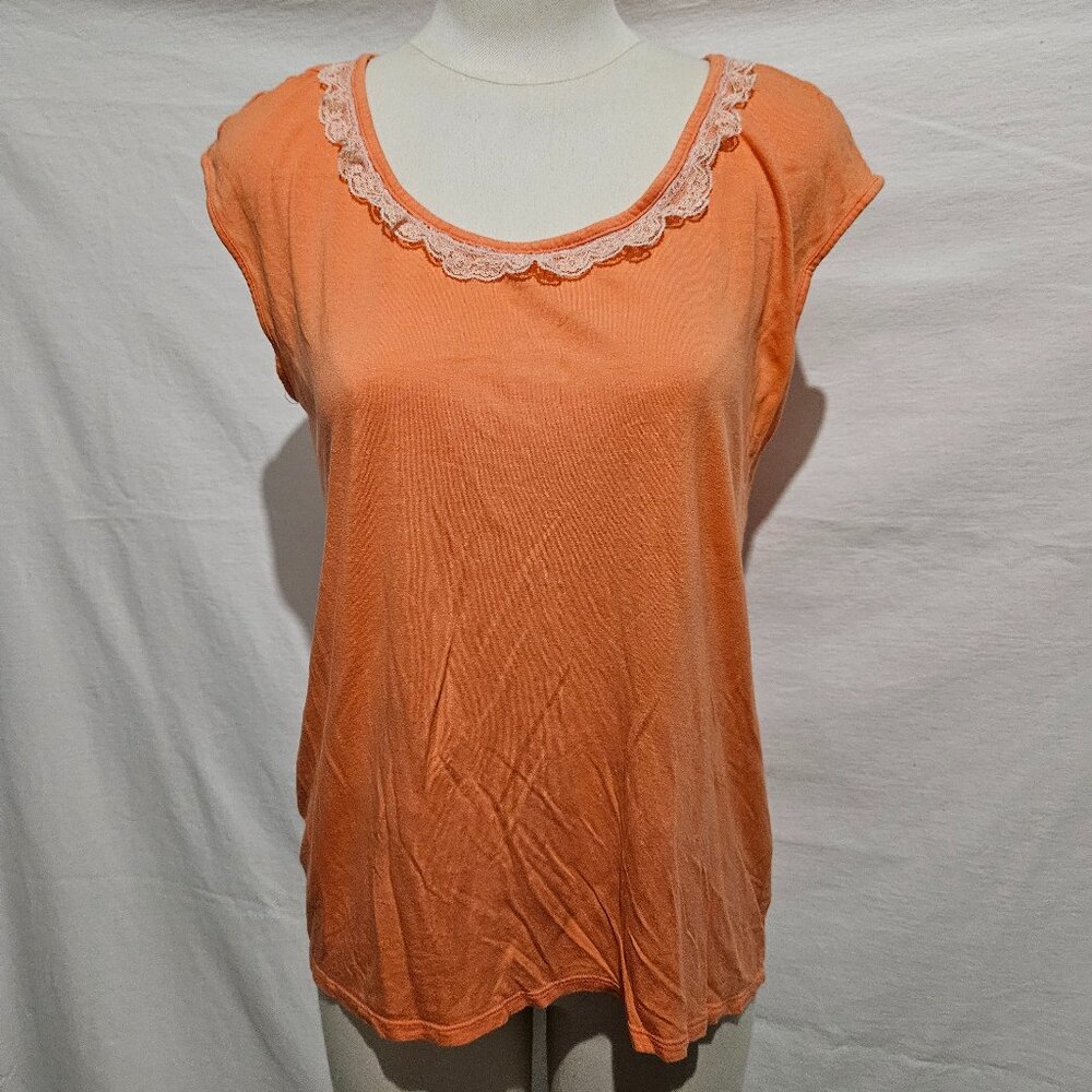 Orange Lace Trim Short Sleeve Top Sz M